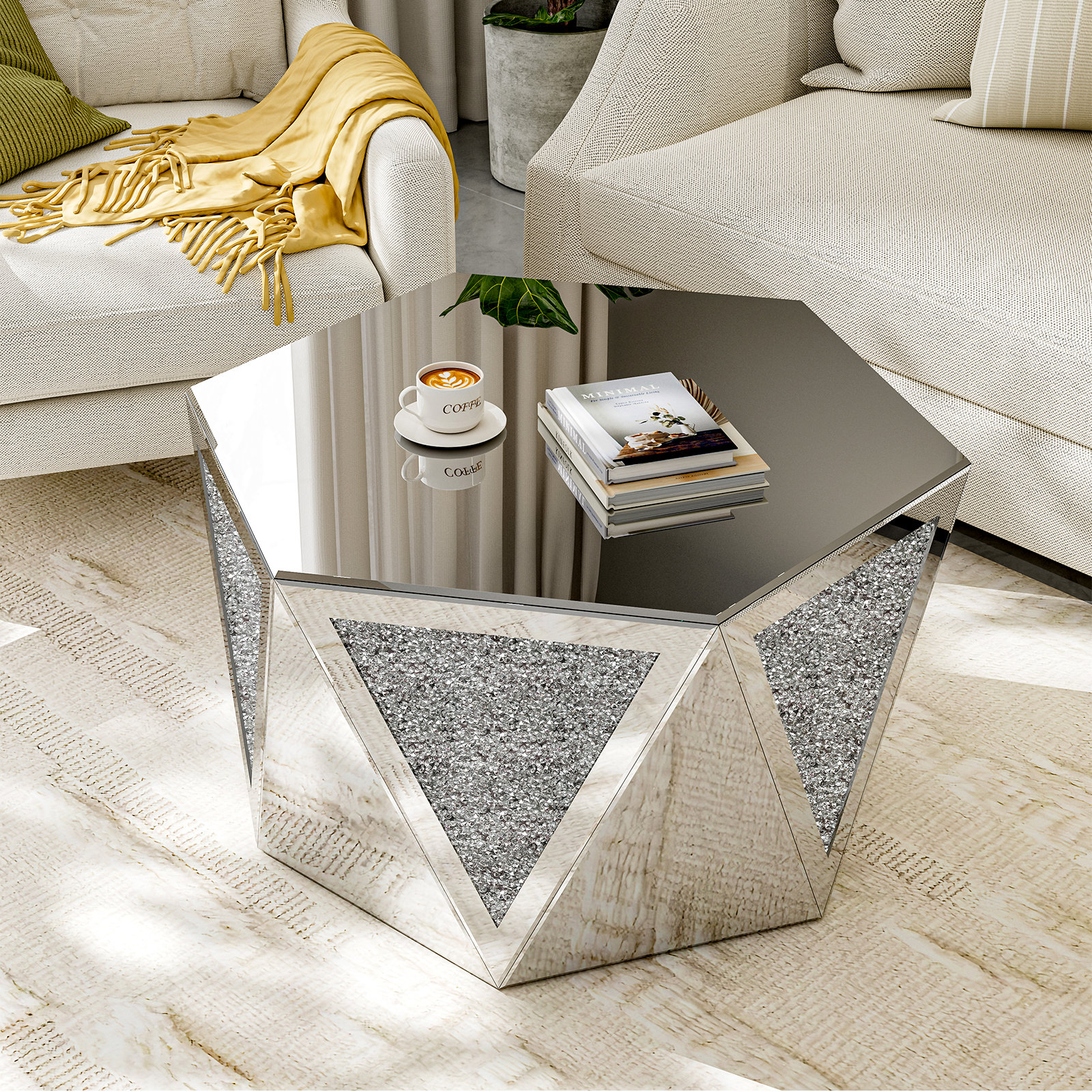 Mercer41 Mirror Coffee Table With Crushed Diamond, Luxury Mercer41 Mirror Coffee Table With Crushed Diamond, Luxury